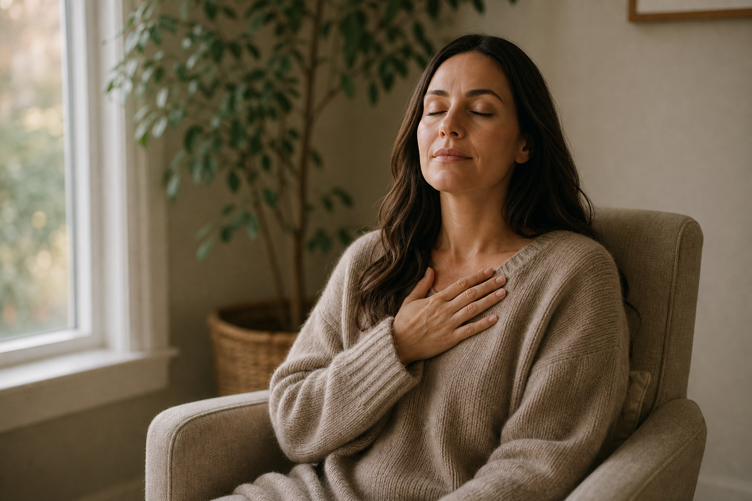 Peaceful Woman In Contemplation With Soft Natural Light