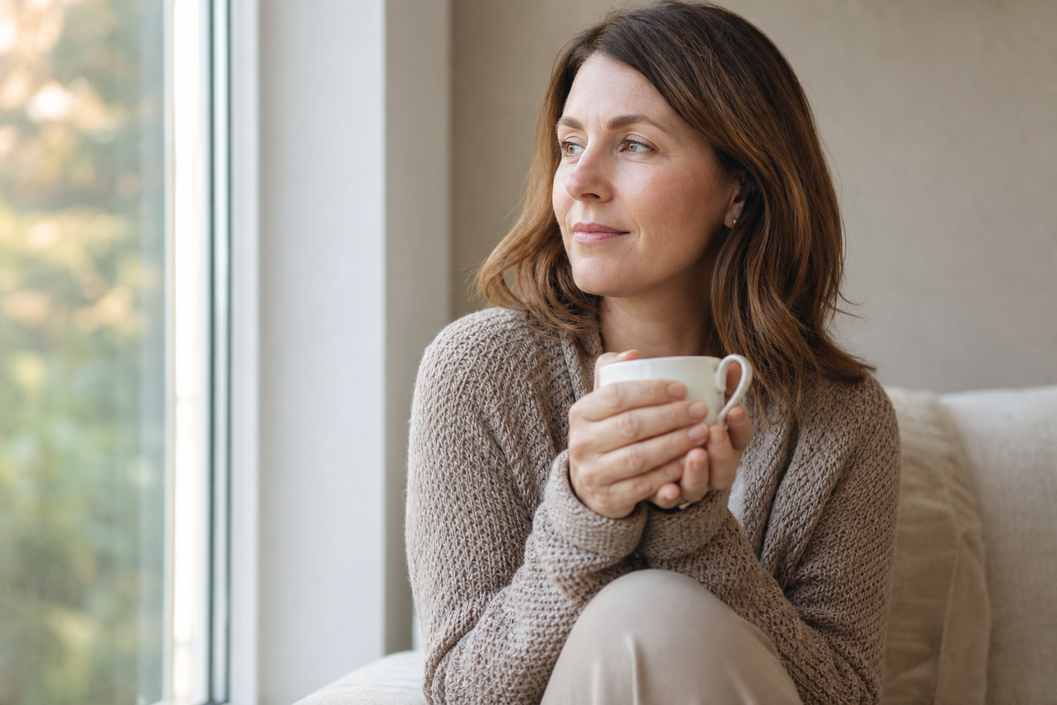 Woman looking out the window with a quiet, hopeful expression