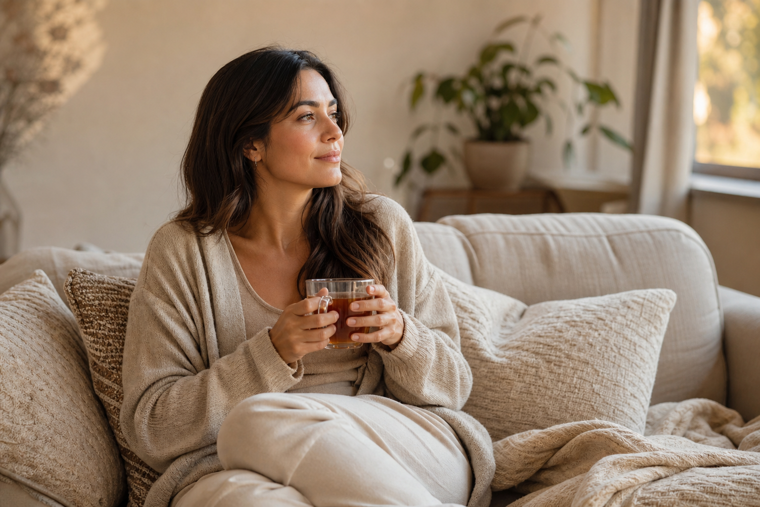 Woman relaxing with tea at home, thinking through her questions