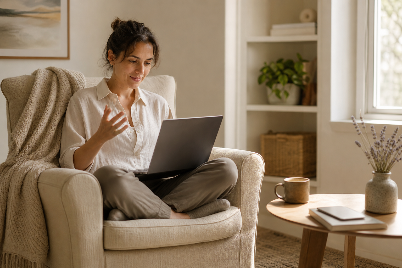 Woman having a calm virtual therapy session from home