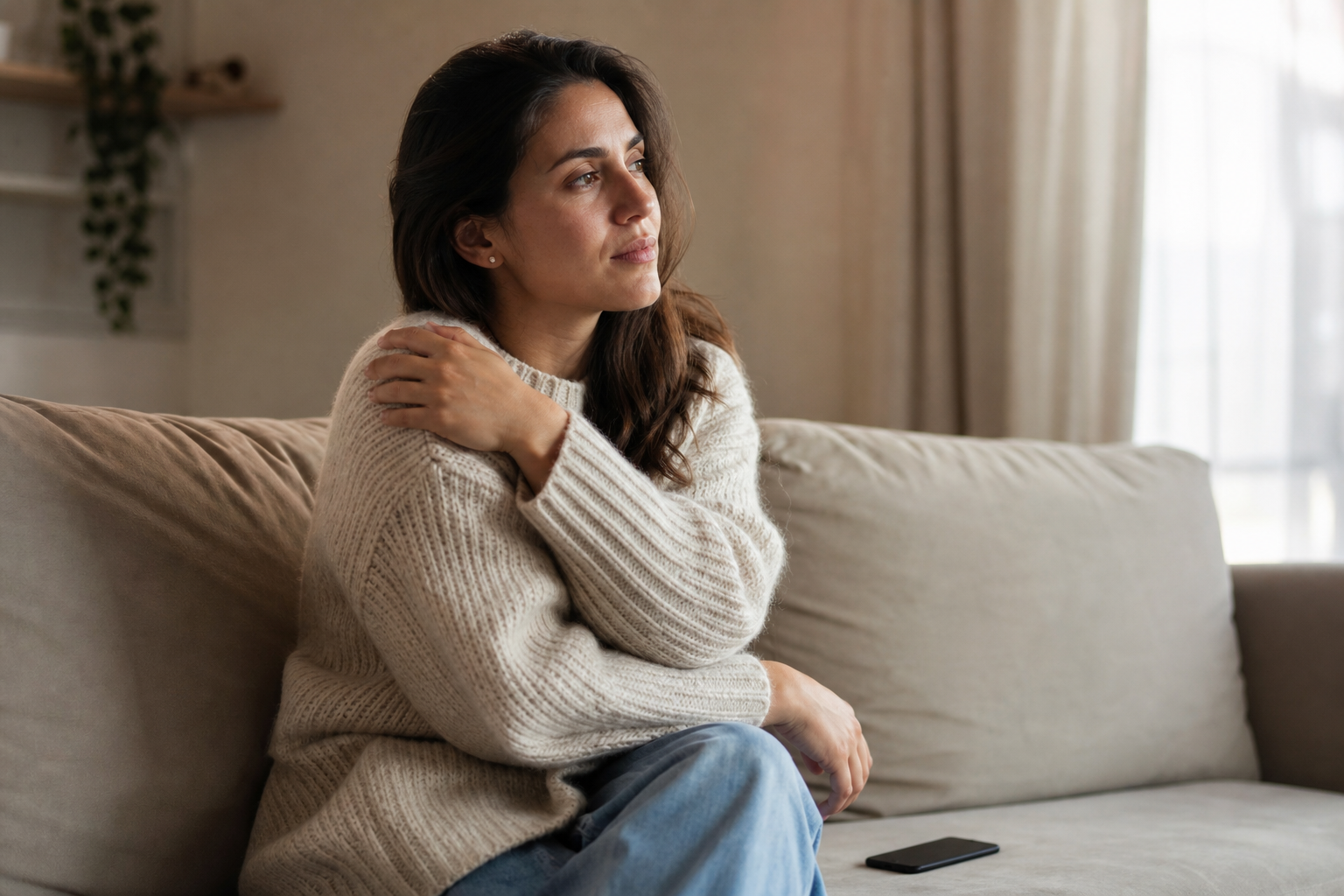 Woman sitting thoughtfully on a couch at home