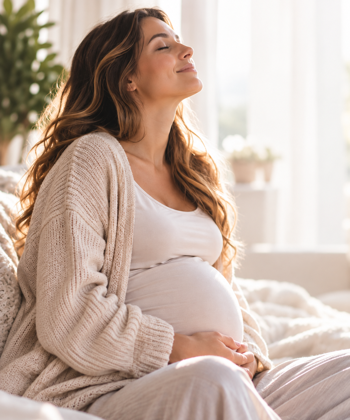 Expectant mother relaxing with her eyes closed and a gentle smile